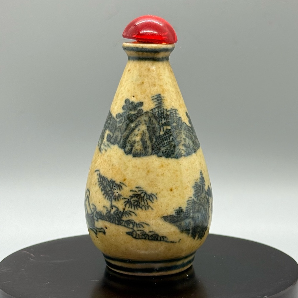 Vintage Chinese Hand-Painted Porcelain Snuff Bottle Mountain Landscape Red Top